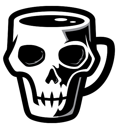 Mascot or logo with mug in the shape of human or ape skull.