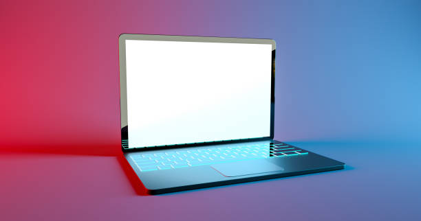 istock Mockup gaming laptop with color led keyboard glow. 3d render 1308853479