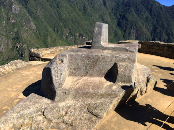 Intihuatana at the archaeological site of Machu Picchu is a notable ritual stone associated with the astronomic clock or calendar of the Inca in South America. The majority of Intihuatana were destroyed by the Spanish conquests in the 16th century. The Intihuatana of Machu Picchu, also referred to as the ‘hitching post of the sun’ was found intact by Bingham in 1911, indicating that the Spanish conquerors had not found it. Taken at Machu Picchu, Peru. No