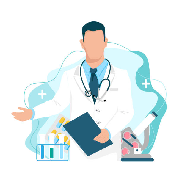 ilustraciones, imágenes clip art, dibujos animados e iconos de stock de médico se pone de pie y extiende una mano amiga - medicina de emergencia