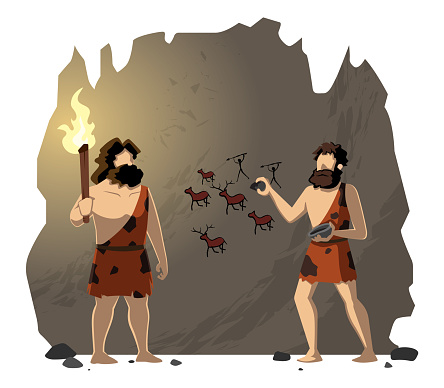 Cartoon illustration of cavemen drawing cave paintings.