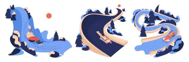 Vector illustration of Vector concept illustrations set with women riding in winter scenery. Wok racing, Skeleton and bobsleigh characters drawn in blue and beige