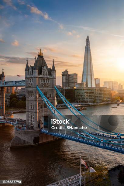 Elevated View To The Tower Bridge Of London During Sunset Stock Photo - Download Image Now