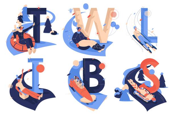 ilustrações de stock, clip art, desenhos animados e ícones de letters collection for sledding sport activities. t for tubing, w for wok racing, l for luge, i for ice blocking, b for bobsleigh, s for skeleton isolated on white - letter s text alphabet letter t