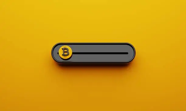 Photo of Black Crypto currencies Bitcoin slide bar on yellow background. Slider for making profit by sell or buy in BTC theme. Economic and business investment concept. 3D illustration rendering graphic design