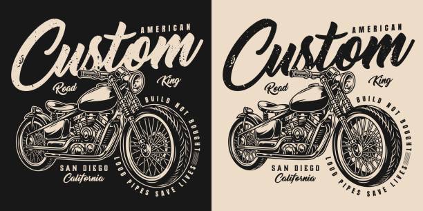 American custom motorcycle print American custom motorcycle print with inscriptions and motorbike in vintage monochrome style isolated vector illustration motorcycle stock illustrations