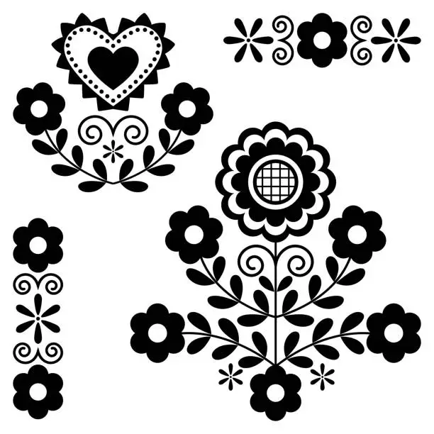 Vector illustration of Cute Polish Floral folk art vector monochrome design elements inspired by traditional highlanders embroidery Lachy Sadeckie from Nowy Sacz in Poland