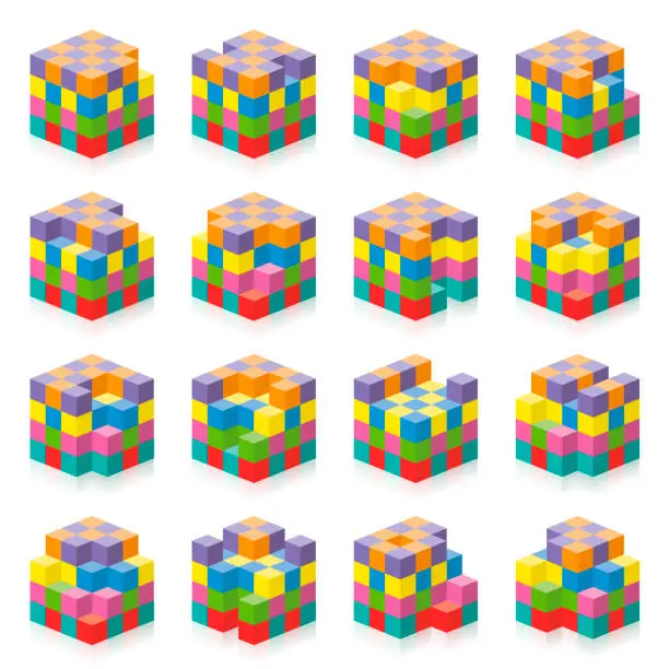 Vector illustration of Cube with missing cubes from 1 to 16. Three-dimensional spatial perception exercise. Colorful game to count gaps, holes, blanks. Isolated vector illustration on white background.
