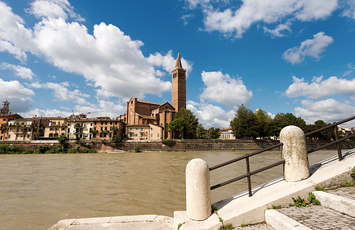 Verona cityscape with the medieval church of Santa Anastasia (1290-1471) and River Adige. UNESCO world heritage site, Veneto, Italy, Europe.