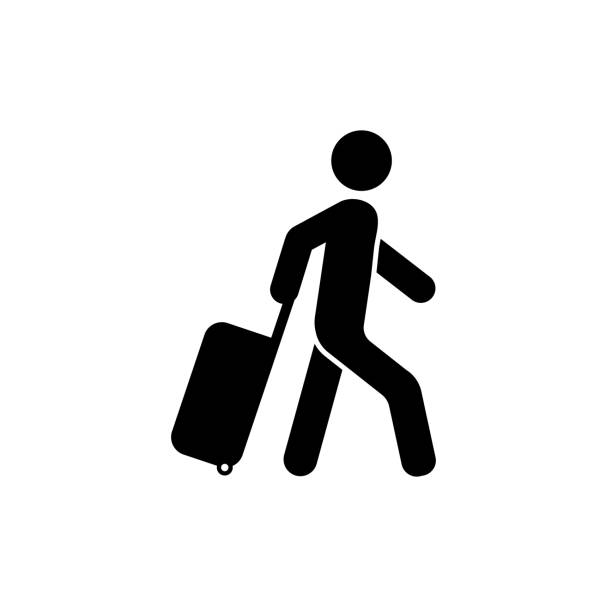 ilustraciones, imágenes clip art, dibujos animados e iconos de stock de hombre con icono de equipaje. hombre cargando vector de icono de maleta - tourist silhouette symbol computer icon