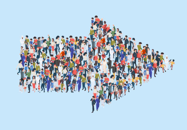 Crowd arrow. Success people walking in direction arrow shapes large growing group of persons garish vector marketing concept isometric illustration. Crowd direction, people follow to arrow