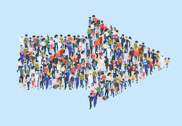 Vector illustration of Crowd arrow. Success people walking in direction arrow shapes large growing group of persons garish vector marketing concept isometric illustration