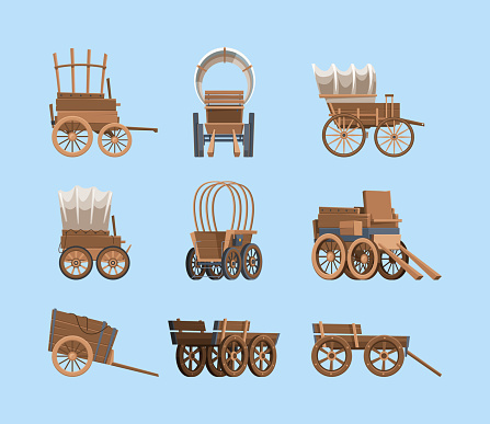 Vintage wagon. Wooden old carriage big wheels wild west ancient transport with horse garish vector pictures of western wagon. Illustration wood wagon with wheel, wooden transport