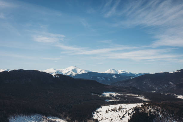 malowniczy widok z lotu ptaka na ośnieżoną górę i las sosnowy w słoneczny dzień - sunny day mountain mountain range winter zdjęcia i obrazy z banku zdjęć