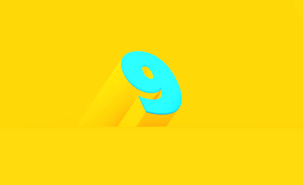 Extruded three dimensional blue number 9 sitting on blue background. Isometric projection. Horizontal composition with copy space.