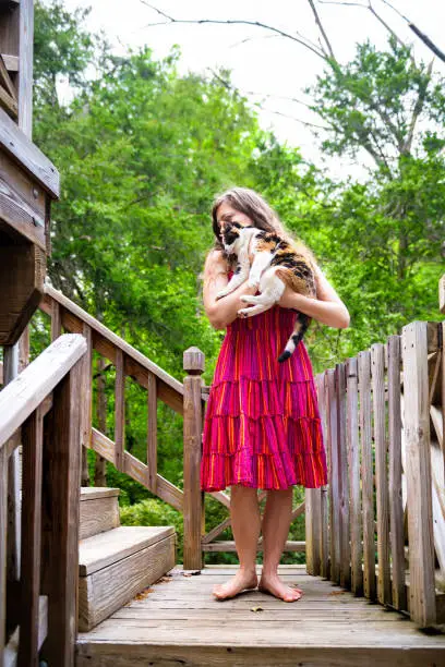 Happy smiling young woman bonding holding in hands calico cat pet companion, friends showing affection outside outdoors in garden on home wooden deck