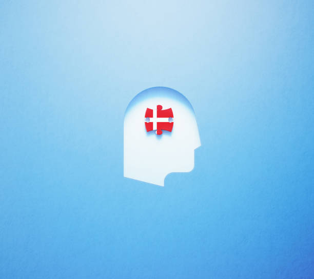 istock Danish Learning And Speaking Concept - Jigsaw Puzzle Piece Textured With Danish Flag Sitting Inside Of A Cut Out Human Head Shape On Blue Background 1308876538