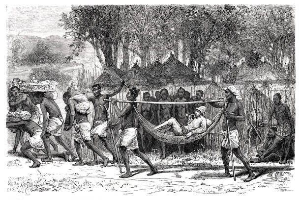 Slaves transporting english colonist in Congo Africa 1877 Olanda, Sankuru, Democratic Republic of the Congo
Original edition from my own archive
Source : Tour du monde 1877
Drawing : D. Maillart african slaves stock illustrations