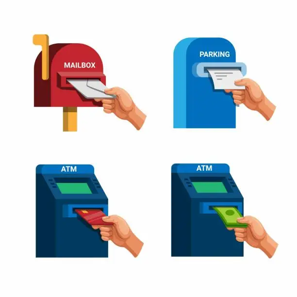 Vector illustration of Hand take mail, money, credit card, and parking ticket icon set concept in cartoon illustration vector