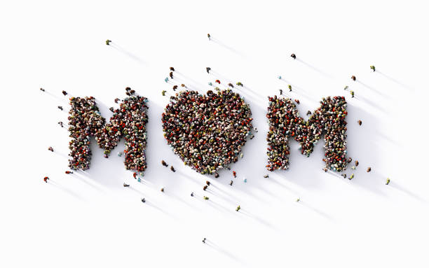 istock Mother's Day Concept - Human Crowd Forming Mom Text With Heart Shape On White Background 1308879236