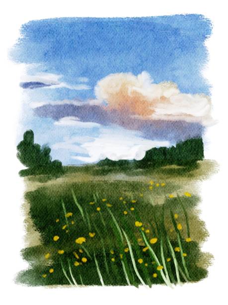 istock Watercolor summer landscape with blue sky, clouds, green meadow with dandelion. Hand drawn background.  Painting countryside illustration. Can be use for banner, card, postcard 1308879383