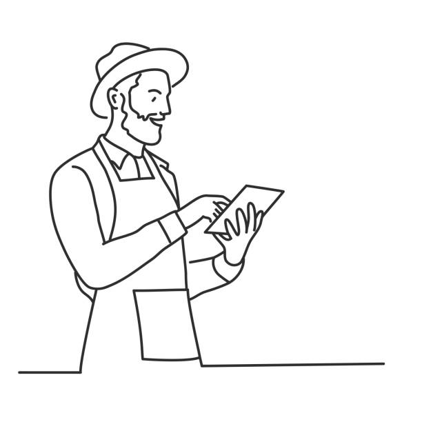 Bearded farmer with hat is using tablet. Bearded farmer with hat is using tablet. Hand drawn vector illustration. farmer drawings stock illustrations