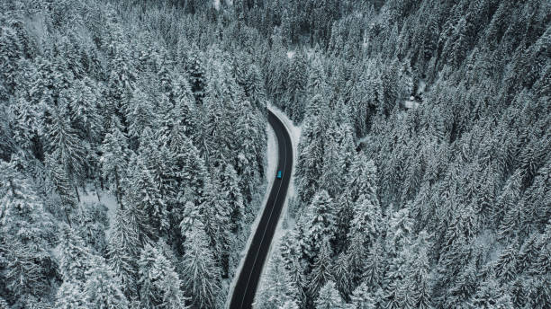 malowniczy widok z lotu ptaka na niebieski samochód jadący zimową drogą przez górski las - drivers point of view country road snowing blizzard zdjęcia i obrazy z banku zdjęć