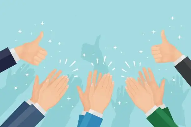 Vector illustration of Clap of the hands. Partners clapping. Applause, cheer, thumb up. Good opinion, positive feedback concept. Congratulate with successful deal. Vector illustration