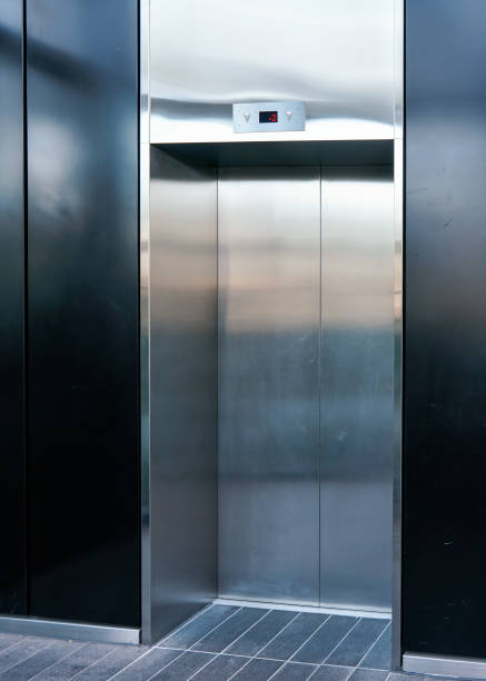 istock Modern steel elevator, door closed, floor showing -2 1308880485