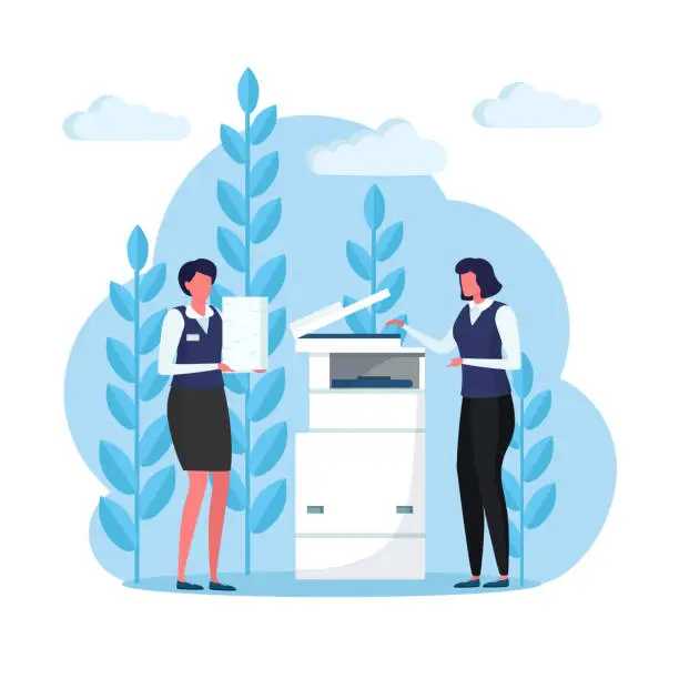 Vector illustration of Paperwork with printer, office multifunction machine. Busy woman with pile of paper, stack of documents. Girl works on a photocopier. Worker makes copies on the scanner. Bureaucracy. Vector design