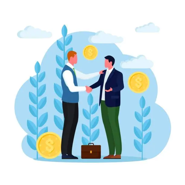 Vector illustration of Friendly people shaking hands. Business meeting. Handshake of two partners. Partnership agreement concept. Vector cartoon design