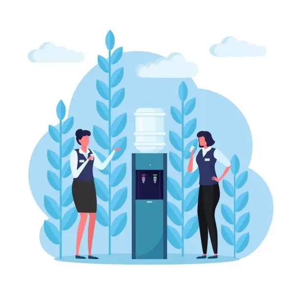 Vector illustration of Woman drink beverage. Office water dispenser, plastic cooler with big full bottle isolated on blue background. Work break. Vector flat design