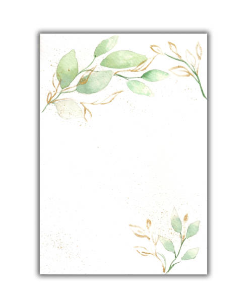 istock Watercolor illustration. Postcard template with greenery. Green and gold plants on a white background. Postcard for invitations, congratulations, say thank you, etc. 1308881155