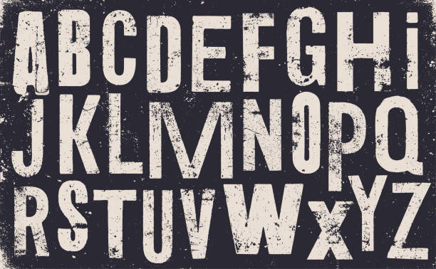 Distressed old uppercase alphabet - v2 Vector distressed old uppercase alphabet. White letters on black weathered texture background. Grunge and weathered capital letters. vintage text stock illustrations