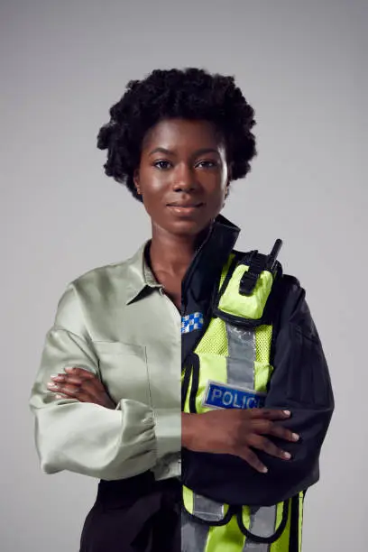 Concept Portrait Of Woman Contrasts Day And Night Job Roles In Business And As Police Officer