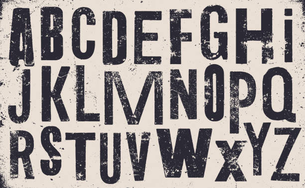 Distressed old uppercase alphabet - v1 Vector distressed old uppercase alphabet. Black letters on white weathered texture background. Grunge and weathered capital letters. printout stock illustrations