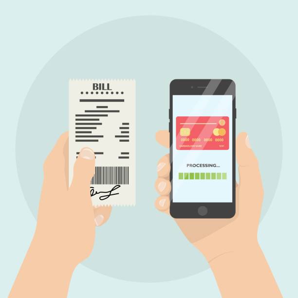istock Bill payment by mobile banking app. Man is paying paper check, receipt, invoice, order by phone. Vector illustration 1308882715