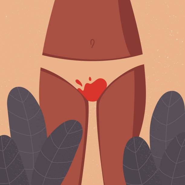 Menstrual period concept. Lady in panties Menstrual period concept. Womens thighs with blood-stained panties. Feminine hygiene. Menstrual protection. Vector stock illustration. For website and article design, application and print. menses stock illustrations