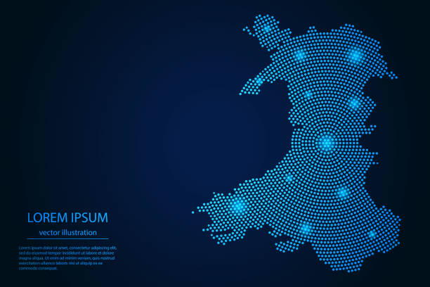 абстрактное изображение карты уэльса из точки синий и светящиеся звезды на темном фоне - wales stock illustrations