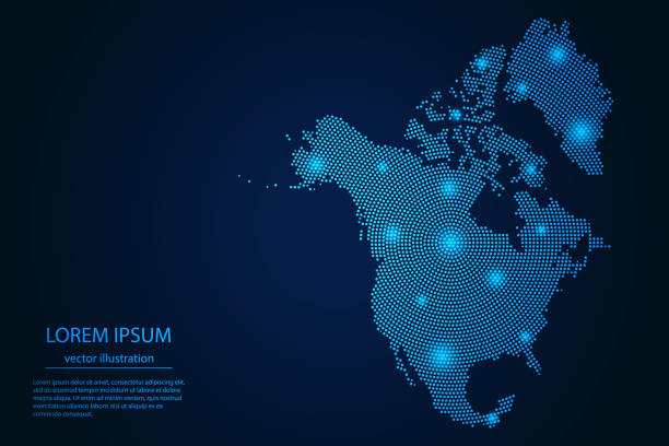 illustrazioni stock, clip art, cartoni animati e icone di tendenza di immagine astratta mappa nord america da stelle blu e luminose su sfondo scuro - america del nord