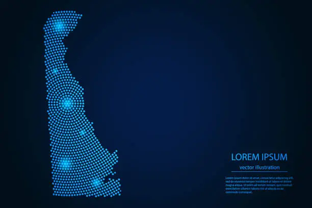 Vector illustration of Abstract image Delaware map from point blue and glowing stars on a dark background