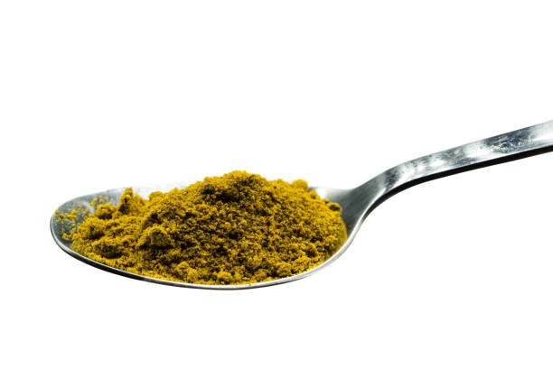 istock Curry powder on spoon isolated on white background 1308886791