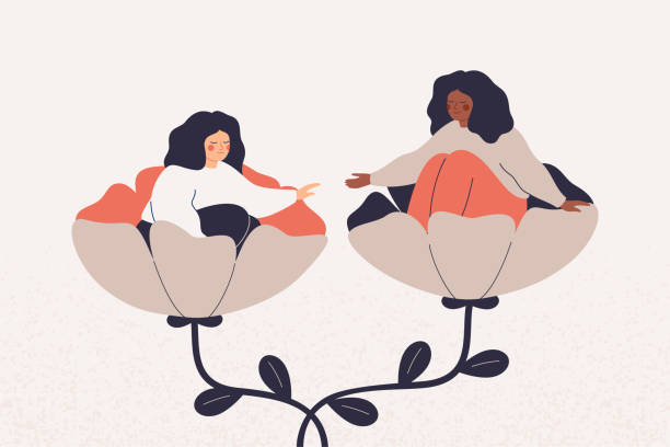 ilustrações de stock, clip art, desenhos animados e ícones de empathy and friendship concept. girl extends a helping and supportive hand to her friend.  black woman cares timid and indecisive female adolescent with psychological problems. - alternative therapy illustrations