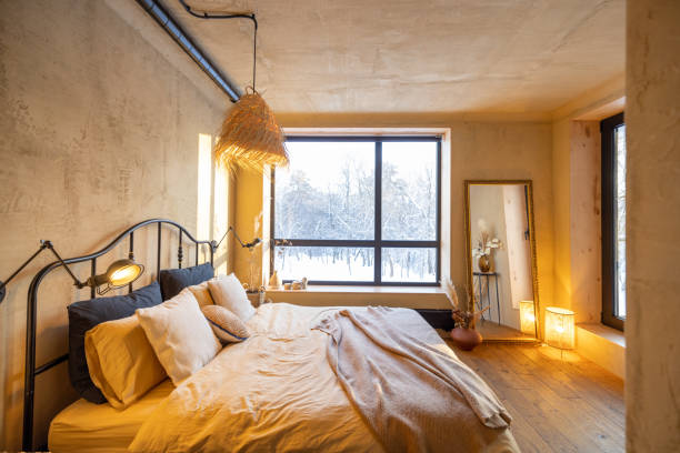 istock Stylish bedroom interior in natural boho style 1308888202