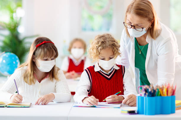istock Kids in face mask. Child in school. 1308888235