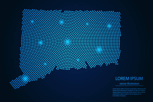 ilustrações, clipart, desenhos animados e ícones de imagem abstrata mapa connecticut de azul ponto e estrelas brilhantes em um fundo escuro - connecticut map