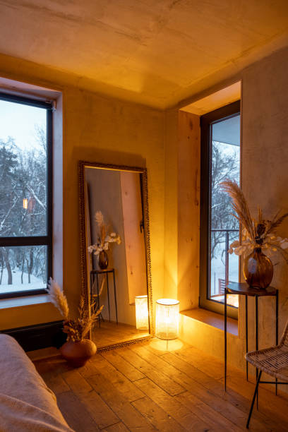 istock Stylish bedroom interior in natural boho style 1308888339