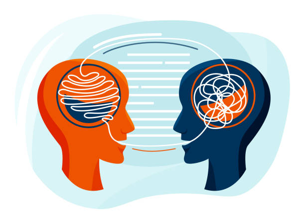 Mental health vector illustration. Two humans head silhouette talk each other, psychotherapy design concept. The psychiatrist untangle the patient thoughts Mental health vector illustration. Two humans head silhouette talk each other, psychotherapy design concept. The psychiatrist untangle the patient thoughts. communication stock illustrations