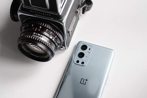 RIGA, MARCH 2021 - Newly launched OnePlus 9 Pro smartphone with Hasselblad camera system is displayed for editorial purposes
