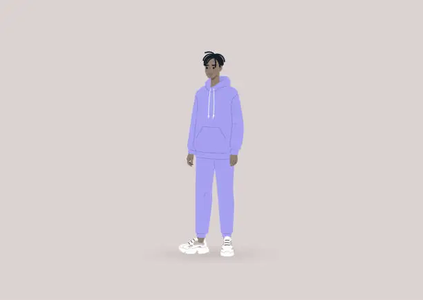 Vector illustration of Quarantine fashion, a young male Black character wearing oversize sportswear, a hoodie and a pair of sweatpants of the same color, modern urban lifestyle